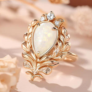 Elegante anello da cocktail con opale per donna, con pietra naturale a forma di pera, con montatura a punta, motivo vegetale, gioielli di moda per matrimonio A013 - Product Image 6
