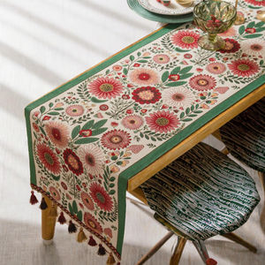 Vintage Floral Garden Yarn Dyed Knitted Jacquard Boho Style 100% Polyester <b>Table</b> <b>Runner</b> with Tassels for Home & Hotel Use - Product Image 2