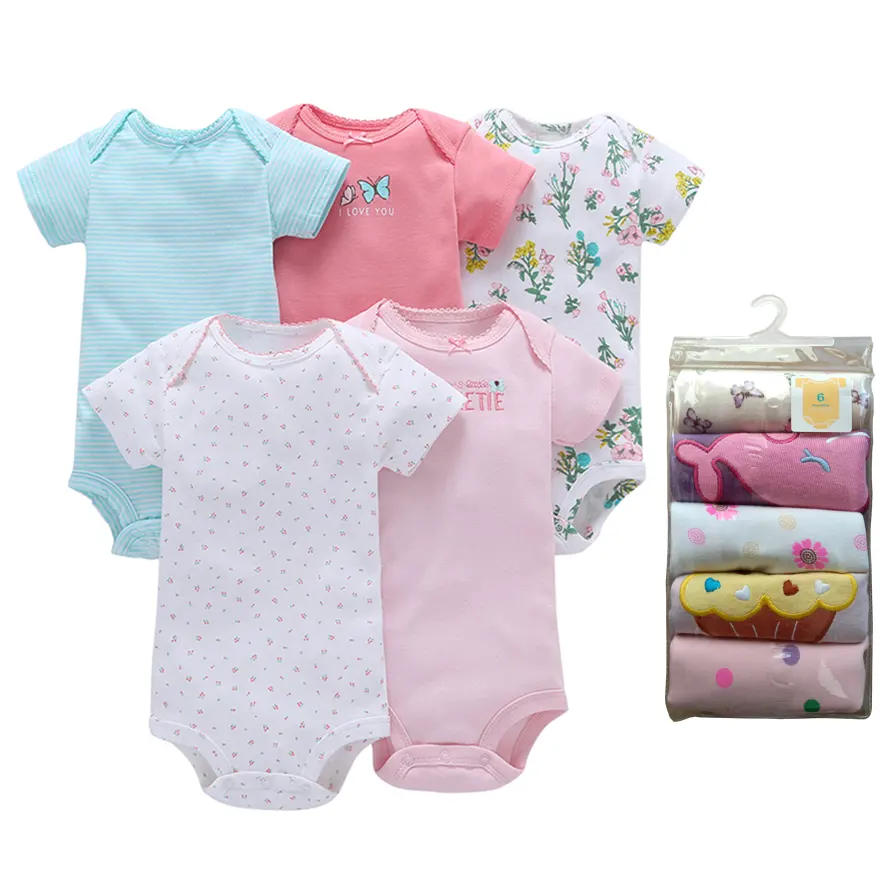 Wholesale Newborn Girls Boys 5 pcs/set Short Sleeve Cotton Romper Bodysuit Baby Romper 100% Cotton