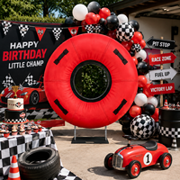Support de toile de fond rond en métal de 6,5 pieds avec cadre à double anneau et housse rouge foncé pour événements, fêtes d'anniversaire sur le thème des voitures de course et cabines photo