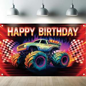 Toile de fond photo sur le thème du Monster Truck flamboyant pour anniversaire, fête prénatale, bannière de fête à domicile, personnalisable - Product Image 6