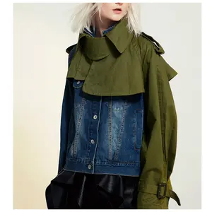 2021 new arrivals fashion women's clothing High Street Denim Panel Contrasting Color Jacket free shipping casual loose coat