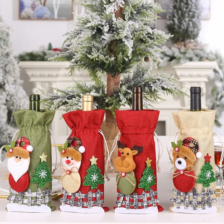 Christmas Wine Bottle Bags for Wine Bottles Gift Bulk Santa Clause Snowman Reindeer Drawstring Bags for Christmas Party Decor