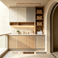 Meuble de salle de bain moderne sur mesure pour appartement, avec porte en rotin, étagère ouverte, éclairage LED sous l'armoire, comptoir en pierre, évier sans poignée, OEM ODM