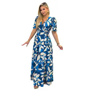 Wholesale Style Clothing Print Floral Long Dress V-neck Large Hem Patchwork Midi Dresses Women