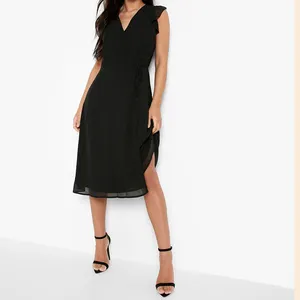 Odm En Oem Fabrikant Vrouwen Chiffon Fancy Midi Jurk V-Hals Riem Stropdas Ruche Wikkel Bruidsmeisje Jurk Sexy Casual Vrouwen Jurk