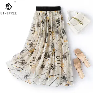 Birdtree 100% Faldas de seda de morera elegante verano largo A-line Office Lady elástico de cintura alta estampado paraguas falda B36554QM