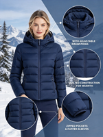 Blouson matelassé à capuche bleu pour femme, en nylon épais, imperméable, coupe-vent, avec logo, chic et élégant pour les trajets en ville