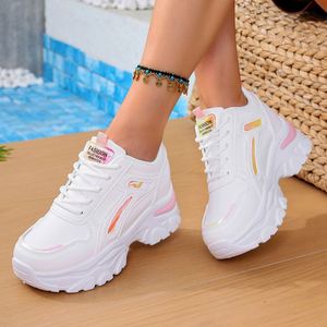 Zapatillas Deportivas Casuales Minimalistas para Mujer, con Lentejuelas, Diseño Clásico, Cuero Blanco, Degradado Brillante, Rayas, Plataforma Gruesa con Cuña Oculta - Product Image 1