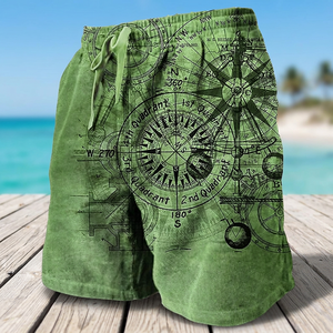 <b>Men's</b> <b>Green</b> Nautical Compass Print Quick Dry Drawstring Waist Polyester Board <b>Shorts</b> - Product Image 1