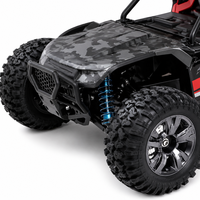 Buggy RC tout-terrain rouge avec pneus surdimensionnés, suspension à ressorts hélicoïdaux, télécommande 2,4 GHz, fonction 'Follow Me' pour enfants, chargeur expert inclus