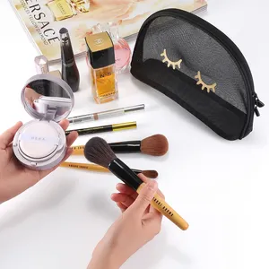 Portable black nylon mesh item-beauty makeup zipper pouch organizing make up cosmetic bag for women travel toiletry bags