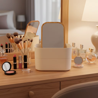 Boîte de rangement pour maquillage rectangulaire moderne en bambou à 2 niveaux empilable avec miroir et couvercle en bambou pour gagner de la place à la maison