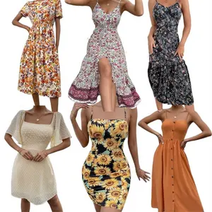 2022 공장 정리 도매 할인 판매 벌크 저렴한 캐주얼 드레스 무료 샘플 믹스 브랜드 의류 여성 원피스