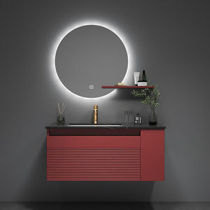 Gabinete de baño moderno y sencillo con placa de roca lacada en roble combinado con lavabo de baño con manijas de acero inoxidable - Product Image 2