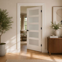 Portes de grange modernes en verre dépoli blanc apprêté, 5 panneaux, pour intérieur