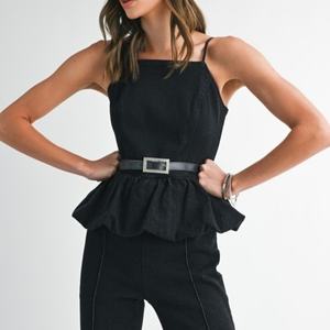 Conjunto de Dos Piezas Casual y Elegante para Mujer, Pantalones Vaqueros de Pierna Ancha con Estampado Sólido y Top Corto con Volantes, Conjunto de Mezclilla para Mujer - Product Image 2