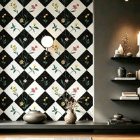 Wallpaper Retro Hitam Putih Bermotif Kotak-kotak Bunga, Stiker Dinding Perekat Diri Tahan Air dan Tahan Lembab untuk Dekorasi Latar Belakang