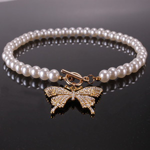 Collier Pendentif Papillon Diamant Or et Perle Style Européen-Américain, Chaîne Clavicule, Bijou de Soirée - Product Image 4