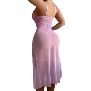 Vestido de lencería de encaje Rosa sexy con falda dividida de malla transparente sujetador con aros conjunto de liguero Babydoll ropa de dormir para mujer juego de rol - Product Image 3
