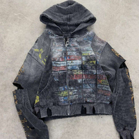 Sweats à capuche vintage streetwear zippés en maille gaufrée thermique, vestes personnalisées DTG effet vieilli délavé à l'acide, sweats à capuche courts à manches longues en maille gaufrée