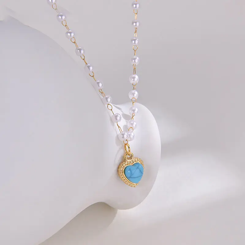 Elegant Stainless Steel Freshwater Pearl Heart Pendant Necklaces Inlaid Natural Stone Turquoise Heart Baroque Pearl Necklaces