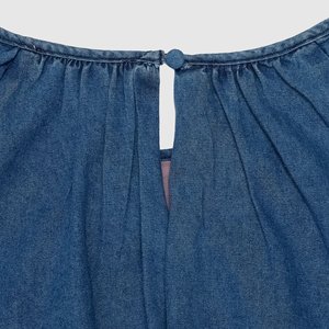 <span class=keywords><strong>Vestido</strong></span> casual mini de mezclilla lavado claro con cuello redondo fruncido, manga abullonada y dobladillo burbuja para <span class=keywords><strong>mujer</strong></span>, fabricado a medida - Product Image 6