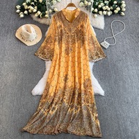 Robe Abaya longue pour femmes musulmanes, style vintage, avec imprimé transfert strass, col en V, manches évasées, coupe ample
