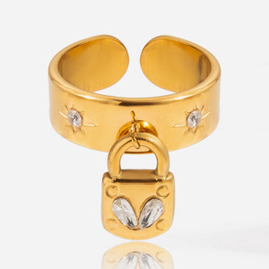 18K Gold Stainless Steel <b>Ring</b> With White Heart Zircon Lock Pendant <b>Open</b> Design Unisex Everyday Wear - Product Image 1