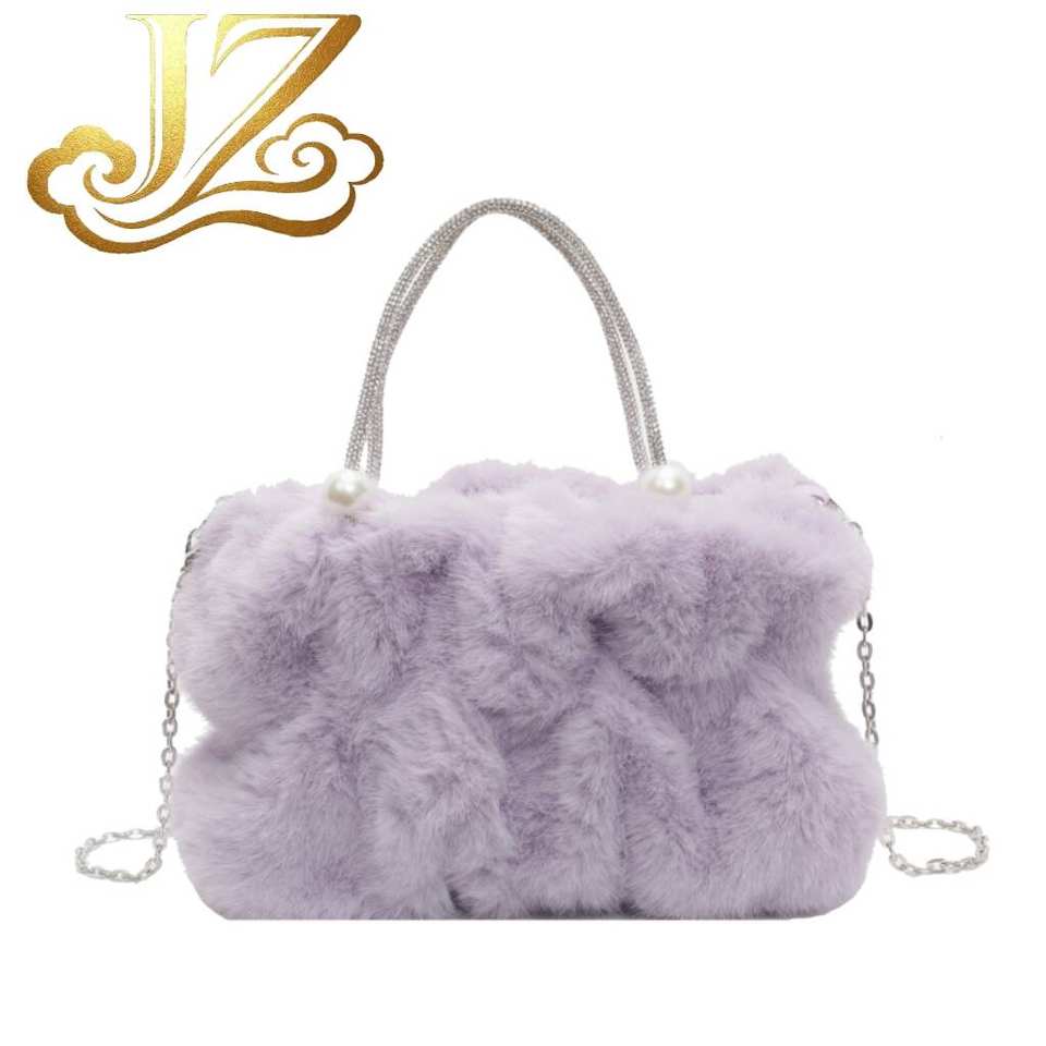 JINZE3651 Women Faux Fur Cloud Handbag Ruched Plush Shoulder Bag Lock ...