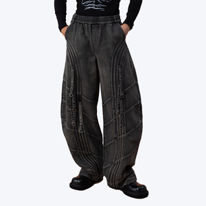 <span class=keywords><strong>Jeans</strong></span> da Uomo Oversize a Gamba Larga <span class=keywords><strong>con</strong></span> Cuciture Curve, Lavaggio Vintage, Vita Media Elasticizzata, Traspiranti, Resistenti, Stile Streetwear, Denim che non sbiadisce - Product Image 1