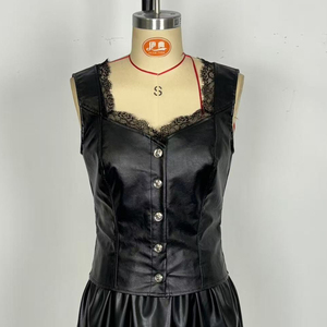 Channel Trendy 2026 Débardeur en similicuir PU pour femme, à bordure en dentelle, boutonné, sans manches, pour soirée - Product Image 4
