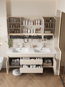 Mueble de baño moderno blanco con lavabo doble integrado de cerámica, combinación de mueble de baño con lavabo. - Product Image 4