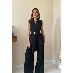 Elegant <b>Black</b> <b>Satin</b> <b>Women's</b> Suit Set With Belted Waist And Wide Leg <b>Trousers</b> - Product Image 1