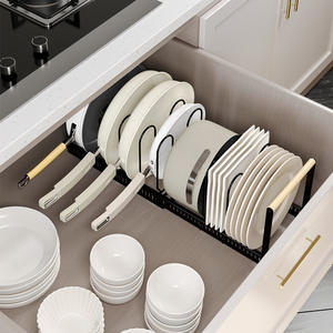 Support de rangement pour casseroles coulissantes rétractables en métal avec poignée en bois, étagère de rangement pour assiettes à vaisselle - Product Image 2