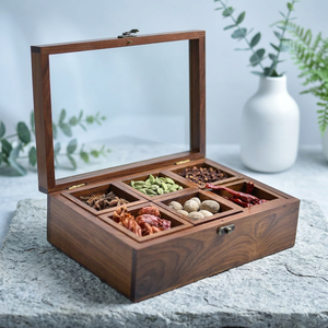 Boîte à épices en bois CH avec couvercle en verre, 6 compartiments, conteneur de rangement pour herbes durable fait à la main, couleur marron - Product Image 1