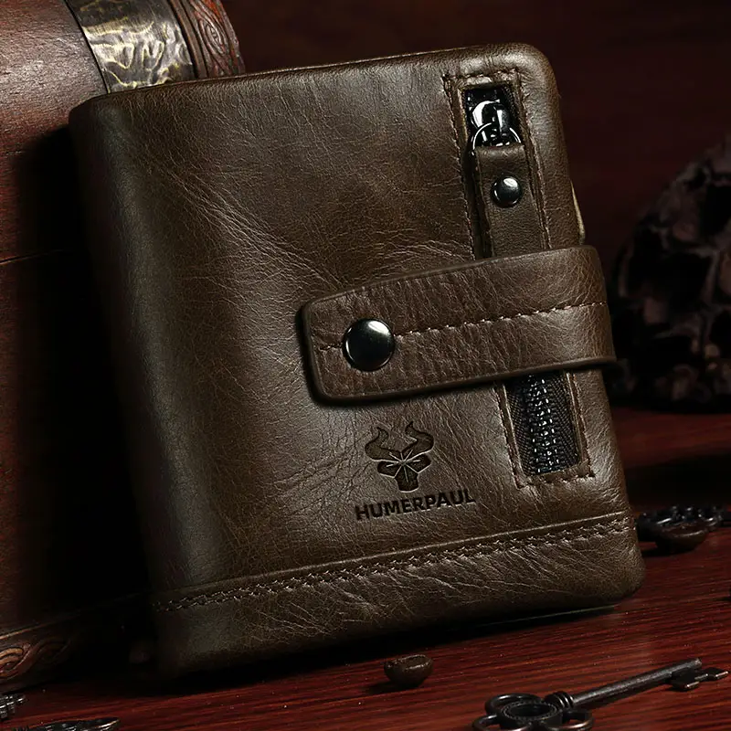 HUMERPAUL ücretsiz gravür 100% hakiki deri erkek cüzdan bozuk para cüzdanı küçük kart tutucu portföy erkek cüzdan Polyester kısa RFID