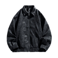 Blouson Bomber Moto Homme Personnalisé en PU Délavé, Veste Décontractée Unisexe Rétro Coupe-Vent Ample à Fermeture Éclair pour l'Hiver et l'Extérieur