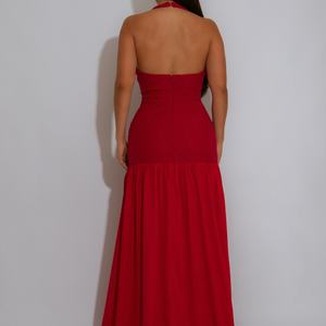 Vestido Largo Rojo de Fiesta para Mujer 2026 con Cuello Halter, Fruncido y Aberturas, de Gasa Transparente - Product Image 2