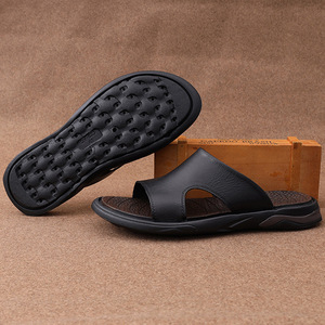 Men's First Layer Cowhide Leather <b>Slides</b> Open Toe Rubber Outsole Anti <b>Slip</b> Summer Casual Sandals - Product Image 2