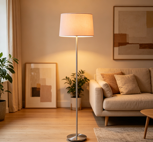 Lampada <span class=keywords><strong>da</strong></span> <span class=keywords><strong>Terra</strong></span> Moderna in Ferro Cromato con Base LED E27 e Paralume Cilindrico in Tessuto Rosa per Soggiorno - Product Image 2