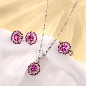 High End Eco-friendly Copper 6*8mm Red Zircon Oval Cut Romantic Bridal Jewelry <b>Set</b> Two Tone Wedding Ring Necklace <b>Earrings</b> <b>Set</b> - Product Image 1