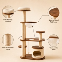 Meuble pour chat moderne à plusieurs niveaux en bois naturel, avec poteaux à gratter en sisal, bol en acrylique, coussin confortable et jouet interactif