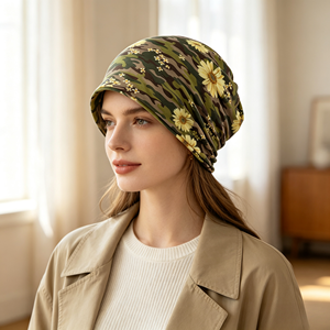 Topi Beanie Wanita untuk Kemoterapi, Syal <span class=keywords><strong>Infinity</strong></span> Elastis, Penutup Kepala, Topi Kanker (Motif Garis) Kancing Jacquard - Product Image 3
