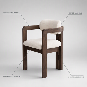 Poltrona Lounge <span class=keywords><strong>in</strong></span> <span class=keywords><strong>Legno</strong></span> di Noce Stile Mid-Century Moderno <span class=keywords><strong>con</strong></span> Cuscino <span class=keywords><strong>in</strong></span> Bouclé Crema, Sedia da Pranzo, Fornitura all'Ingrosso Diretta dalla Fabbrica - Product Image 4