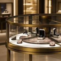 Vitrine de présentation de bijoux en laiton rond avec plateau rotatif intérieur, vitrine en verre trempé, quatre pieds, comptoir de bijouterie