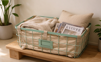 Panier de rangement rectangulaire en fil métallique avec doublure en lin amovible, vert menthe, organisateur avec porte-étiquettes pour placard, garde-manger, armoire