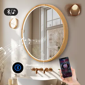 Деревянная рамка минималистичное зеркало для ванной комнаты, круглая Затемняющая Bluetooth музыкальное зеркало с подсветкой