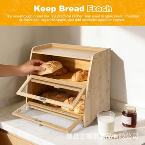Boîte de rangement pour pain en bambou à double couche avec porte en verre, bac à pain pour la cuisine - Product Image 3