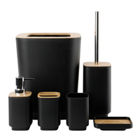 Ensemble d'accessoires de salle de bain de luxe en bambou et plastique, 6 pièces, design moderne : poubelle, distributeur de savon, porte-savon, brosse de toilette, porte-brosse à dents
